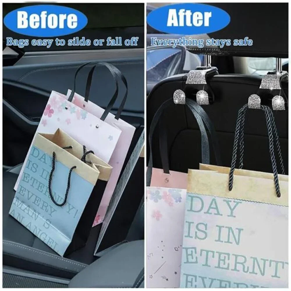Bling Car Seat Hooks (2 Pack) Bling Rhinestone Crystal Hanger 2-Hooks Per Hanger